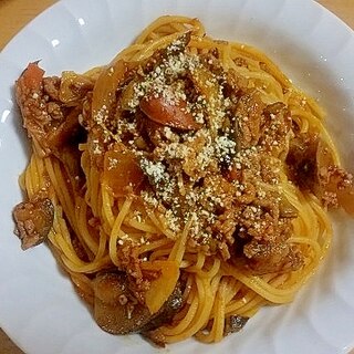 残ったミネストローネで☆トマト茄子ミートパスタ